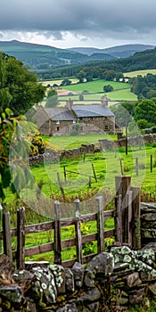 Stone fence and distant house in field