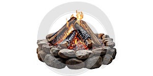 Stone fire pit with burning logs isolated on transparent background