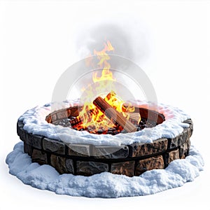 Stone Fire Pit Burning in Winter Snow