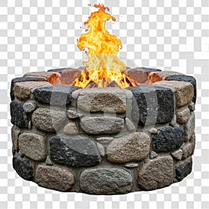 Fire pit with burning fire isolated on white background