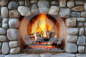 a stone fireplace with candles and lanterns on the mantle