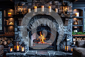 a stone fireplace with candles and lanterns on the mantle