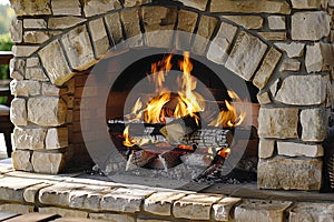 a stone fireplace with candles and lanterns on the mantle