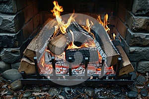 a stone fireplace with candles and lanterns on the mantle