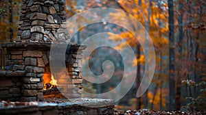 The stone fireplace glows against the backdrop of a lush forest inviting you to sit and relax with a good book. 2d flat