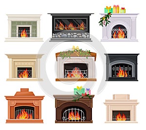 Stone Fireplace or Hearth with Mantelpiece and Burning Fire Vector Set photo