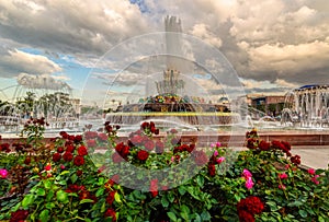 Stone Flower Fountain. Architecture of VDNKH park, popular landmark. VDNH is a large trade and exhibition and entertainment Park