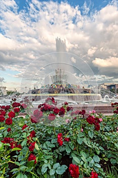 Stone Flower Fountain. Architecture of VDNKH park, popular landmark. VDNH is a large trade and exhibition and entertainment Park