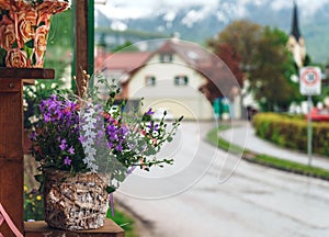 Stone flowerpot with purple flowers on the streets of the spring city. Beautiful flowers in a vase on the terrace of a cafe.