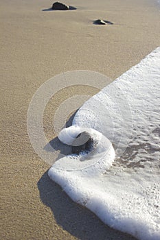Stone in foam from sea wave on sand sunrise sea