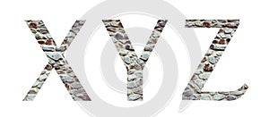 Stone font letter XYZ isolated on white background. Letters and symbols. photo