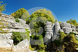 Stone forest, natural rock formation, created by multiple layers of stone, located near Monodendri village in Zagori region,
