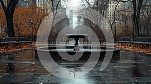 Stone Fountain in a Rainy City Park photo