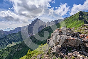 Stone fragment of rock on mountain pass