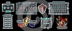 Stone game interface menu design elements kit, gray rock frame panel, award badge, wooden shield.
