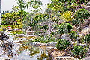 Stone garden with waterfalls and flowers pot decoration in cozy home flower garden on summer