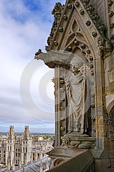 Stone gargoyle and carving of an archbishop dating from the 13th century, Oxford University photo
