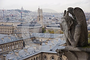 Stone gargoyle overlooking Paris from the Notre Dame photo
