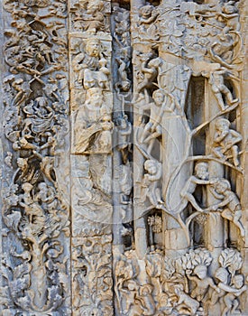 stone gothic decoration detail of messina cathedral in sicily