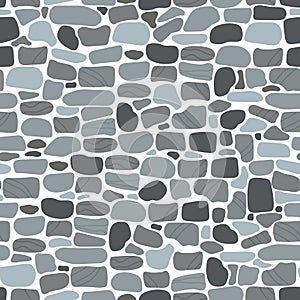 Stone ground seamless pattern. Mosaic pebble flooring, stones pavement texture. Street or wall element, grey leather