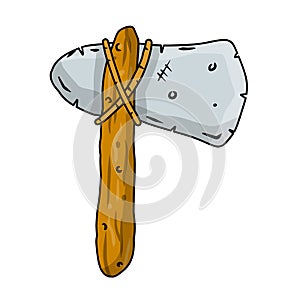 Stone hammer on stick. Subject of caveman. Prehistoric hunting weapon.