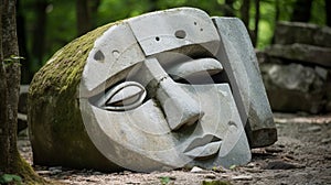 Enigmatic Stone Sculpture: A Cubist Forest Ritualistic Mask photo