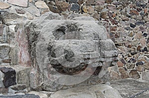 Stone head in the Temple of the Feathered Serpent, in Teotihuacan, Mexico