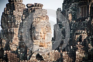 Stone heads which form part of the Bayon Temple in Angkor Thom, near Siem Reap, Cambodia.