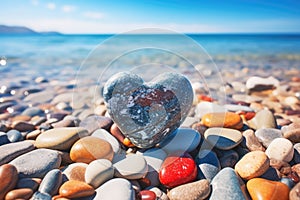 Stone Heart on Pebble Beach, Shining Ocean Water, Rocky Shore Love Symbole, Summer Pebble Heart
