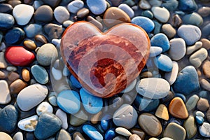 Stone Heart on Pebble Beach, Shining Ocean Water, Rocky Shore Love Symbole, Summer Pebble Heart