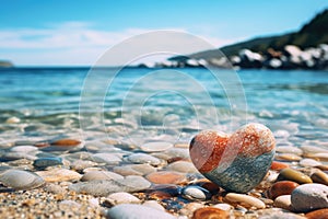 Stone Heart on Pebble Beach, Shining Ocean Water, Rocky Shore Love Symbole, Summer Pebble Heart