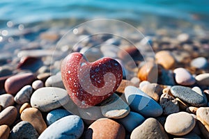 Stone Heart on Pebble Beach, Shining Ocean Water, Rocky Shore Love Symbole, Summer Pebble Heart