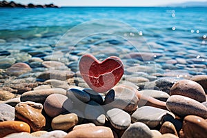 Stone Heart on Pebble Beach, Shining Ocean Water, Rocky Shore Love Symbole, Summer Pebble Heart