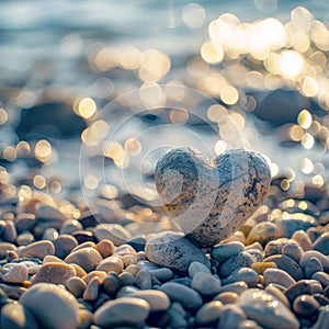 Stone Heart on Pebble Beach, Shining Ocean Water, Rocky Shore Love Symbole, Summer Pebble Heart