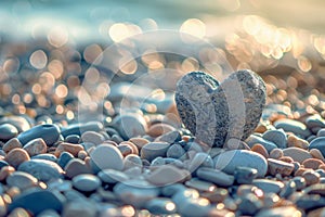 Stone Heart on Pebble Beach, Shining Ocean Water, Rocky Shore Love Symbole, Summer Pebble Heart