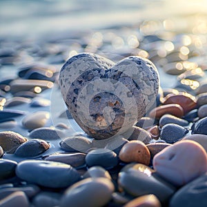 Stone Heart on Pebble Beach, Shining Ocean Water, Rocky Shore Love Symbole, Summer Pebble Heart