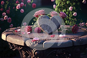 Stone heart on a table outdoors in a garden with roses, ai generated