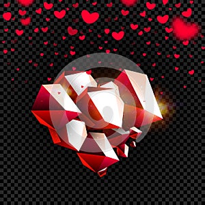 Stone heart on transparent background, falling hearts with blurring effect, isolated vector design set and background