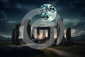 stone henge mock building against the backdrop of night and space. Neural network AI generated