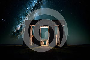 stone henge mock building against the backdrop of night and space. Neural network AI generated