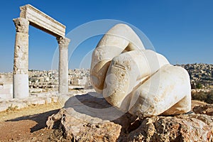 Stone Hercules hand at the antique Citadel in Amman, Jordan.