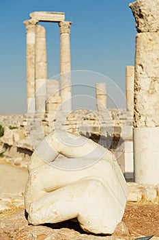 Stone Hercules hand at the antique Citadel in Amman, Jordan.