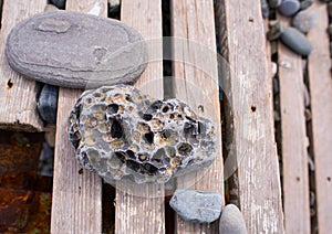 Stone with holes, lying on a wooden lattice Stones coast, backg