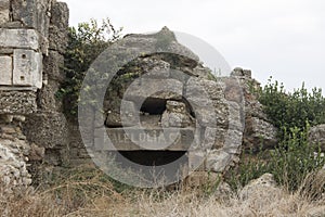 The stone home of ancient Side  city with the inscription Hallelujah Turkey