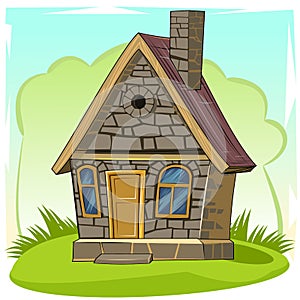 Stone house. Fabulous cartoon object. Cute childish style. An ancient dwelling. Tiny, small. On abstract background