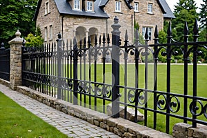 A stone house with a forged fence .