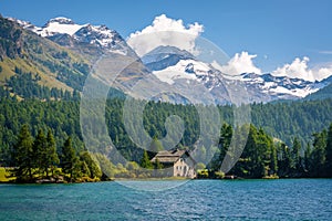 Stone house on Lake Sils GraubÃ¼nden, Switzerland in September