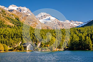 Stone house on Lake Sils Grisons, Switzerland in September