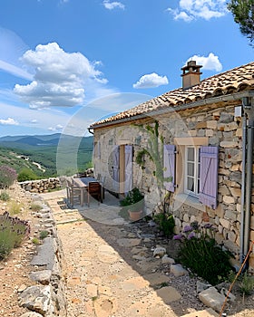 Stone house with purple window shutters in a cloudfilled natural landscape