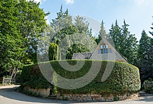 Stone house surrounded by a tall neat hedge in the unspoilt picturesque Cotswold village of Stanton in Gloucestershire UK.